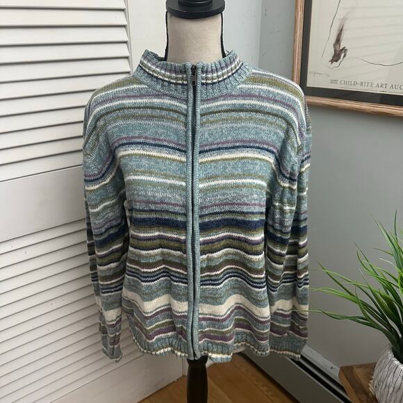 Vintage TIARA Sweater Womens Large Blue Striped Glitter Full Zip Retro 90s Ski - Picture 2 of 8